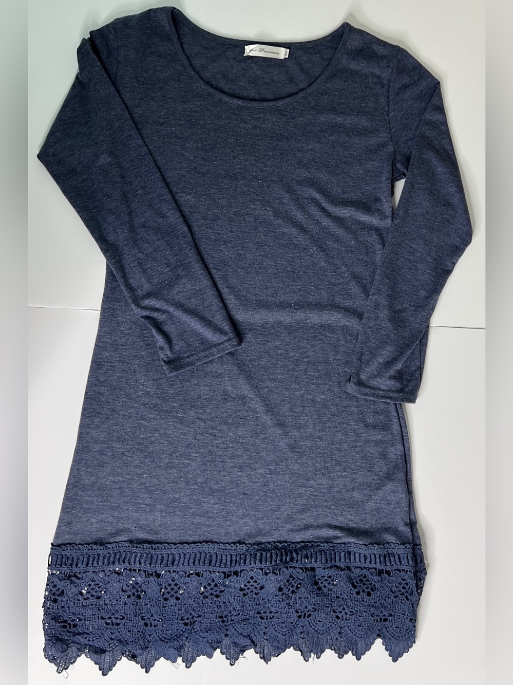 Our Precious Navy‎ Blue Long Sleeve Dress with Crochet Hem XS Boho Soft Casual
